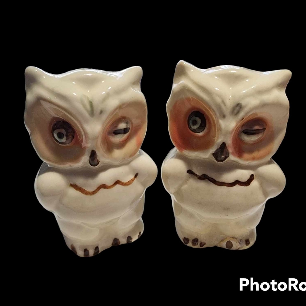 Vintage 50s Ceramic Hand Painted Winking Owl Salt and Pepper Shakers Shawnee Pot